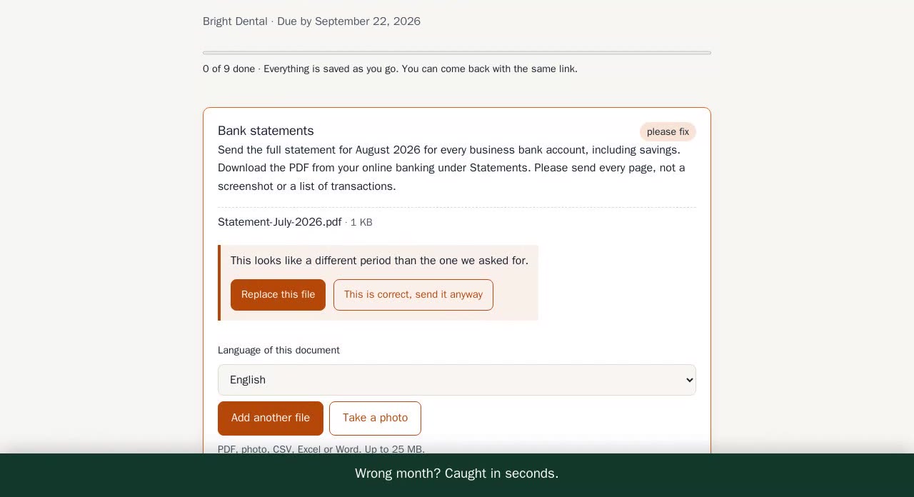 The client page telling the client that the uploaded statement is for a different period than the one requested