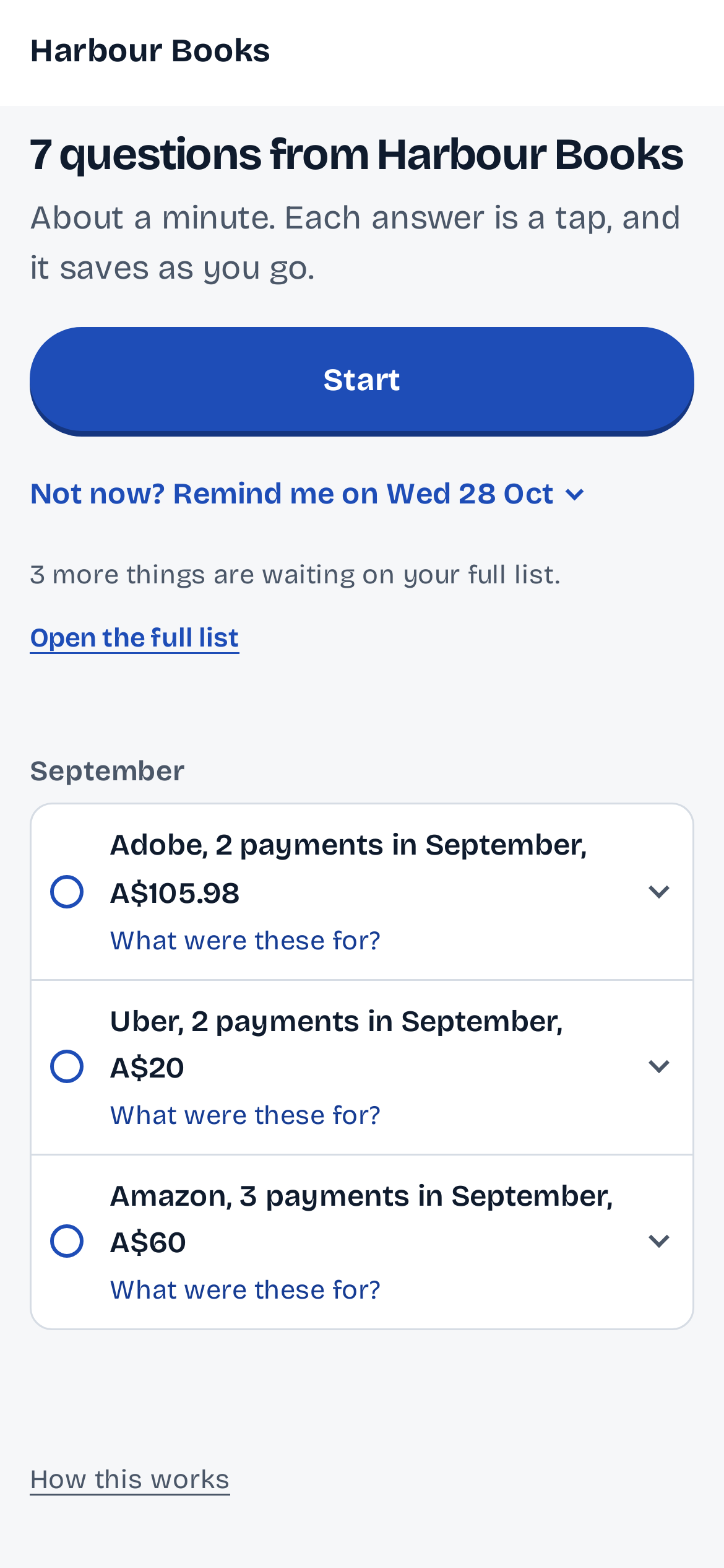 The client's questions page on a phone: 7 questions from the firm, about a minute, Start, and the September payments to explain.