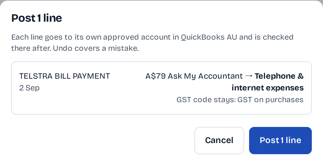 The Post 1 line confirmation: TELSTRA BILL PAYMENT A$79 moves from Ask My Accountant to Telephone & internet expenses, the GST code stays GST on purchases, Cancel or Post 1 line.