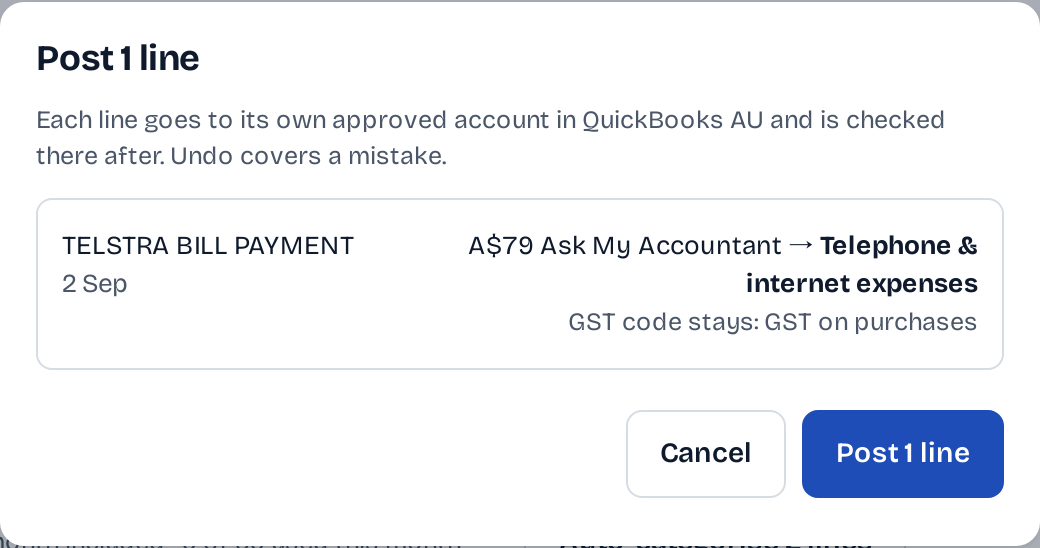 The Post 1 line confirmation: TELSTRA BILL PAYMENT A$79 moves from Ask My Accountant to Telephone & internet expenses, the account the client's answer names; the GST code stays GST on purchases; Cancel or Post 1 line.