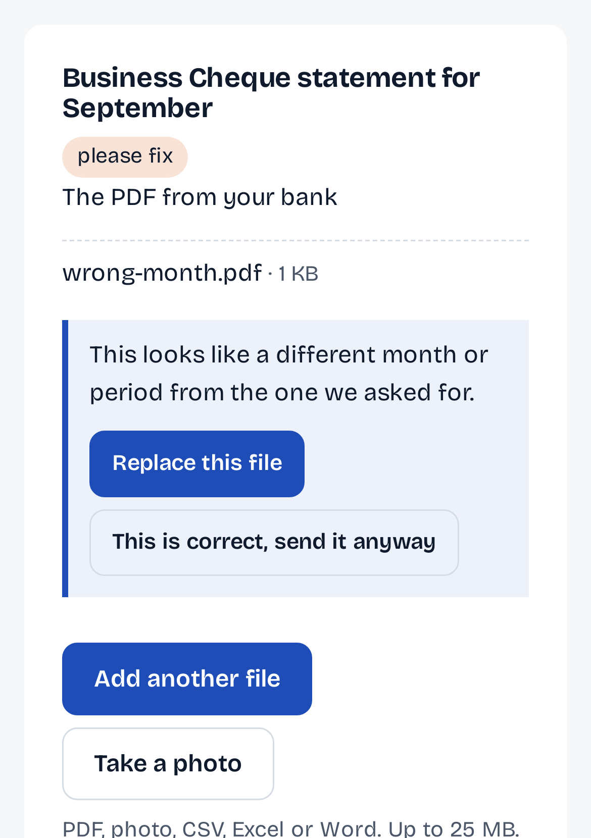 The Business Cheque statement card marked please fix: wrong-month.pdf looks like a different month or period from the one asked for, with Replace this file and This is correct, send it anyway.