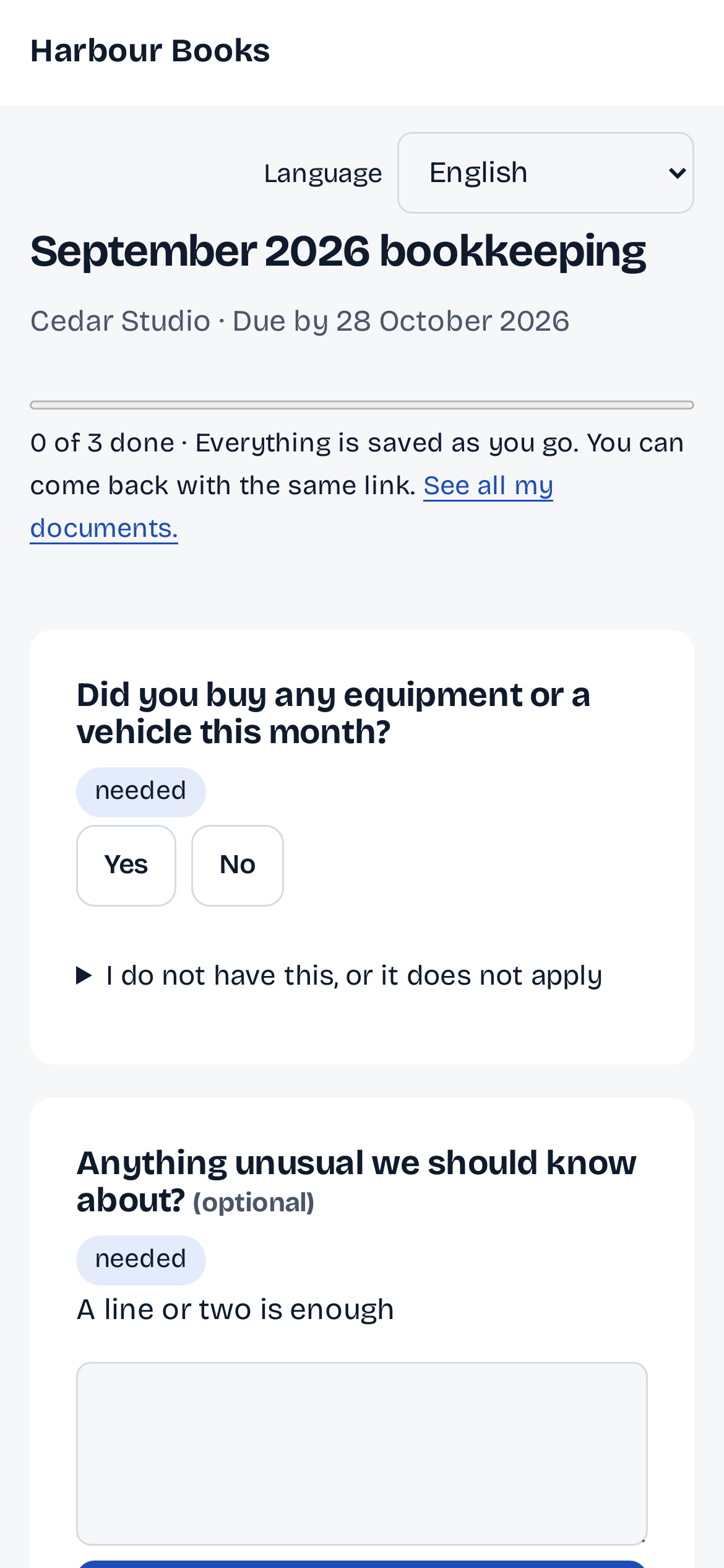 September 2026 bookkeeping from the firm, due by 28 October: 0 of 3 done, everything is saved as you go; a yes or no question, a short note, and the Business Cheque statement with Choose file and Take a photo.