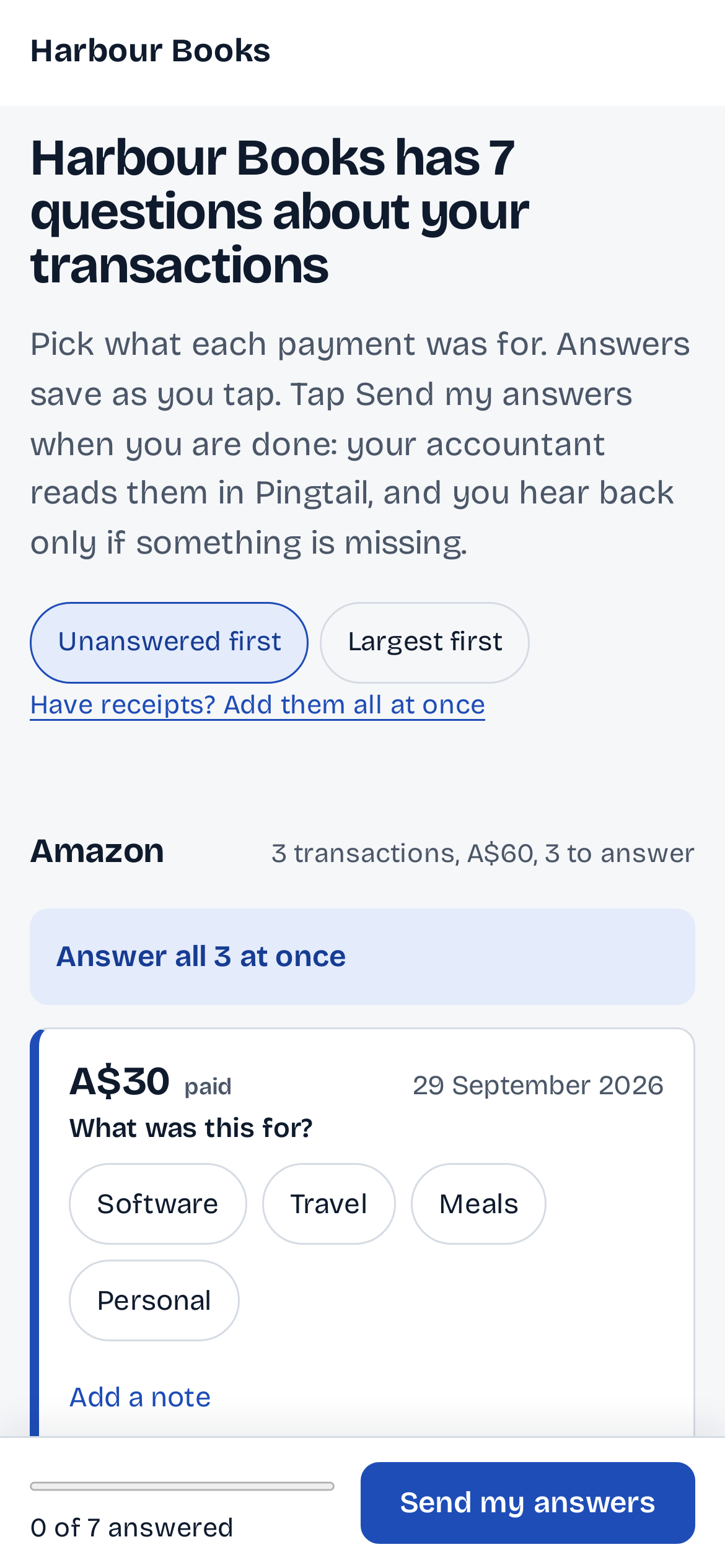 The client's bank-line questions on a phone: the firm has 7 questions about your transactions; Amazon, 3 transactions, A$60; A$30 on 29 September, What was this for? Software, Travel, Meals, Personal; 0 of 7 answered and Send my answers.