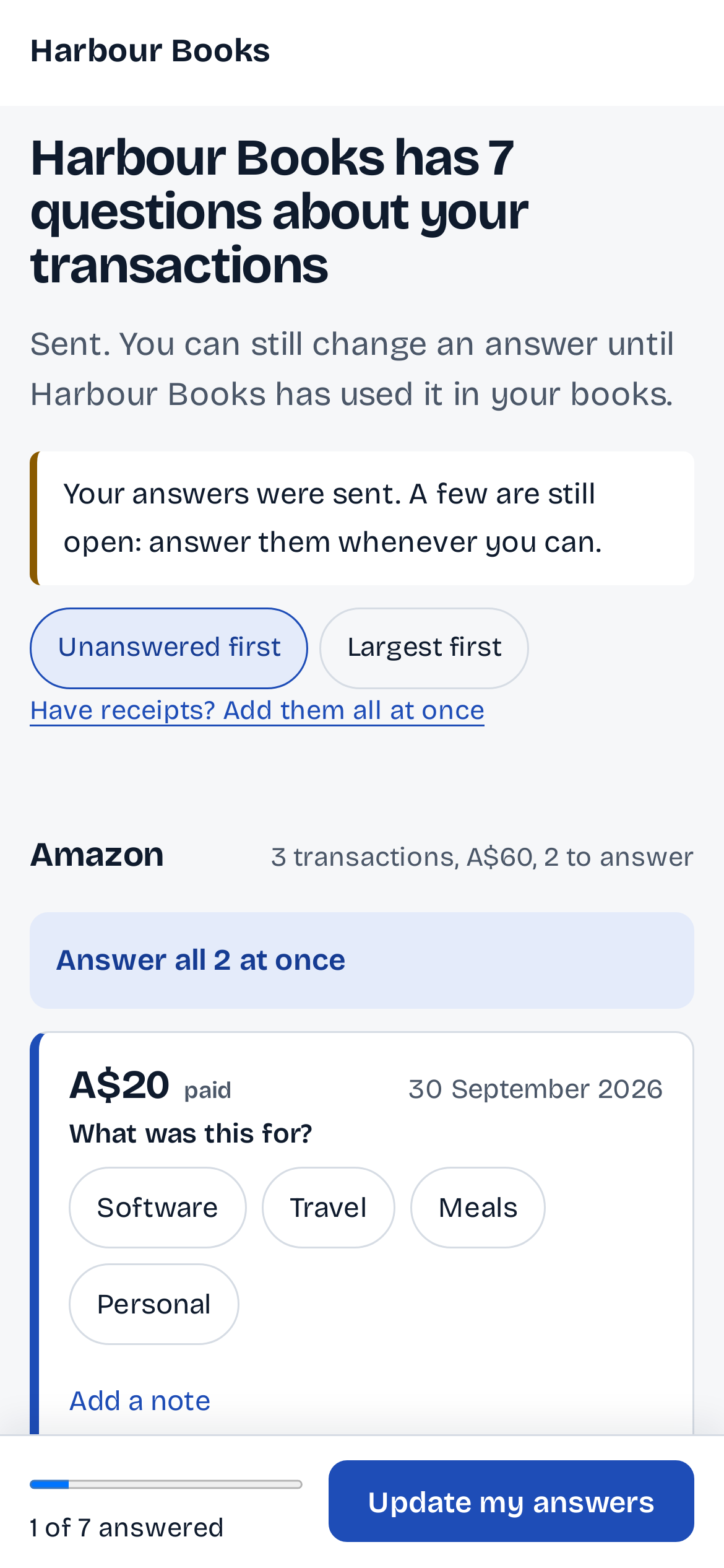 Sent: you can still change an answer until the firm has used it in your books; your answers were sent, a few are still open; 1 of 7 answered and Update my answers.