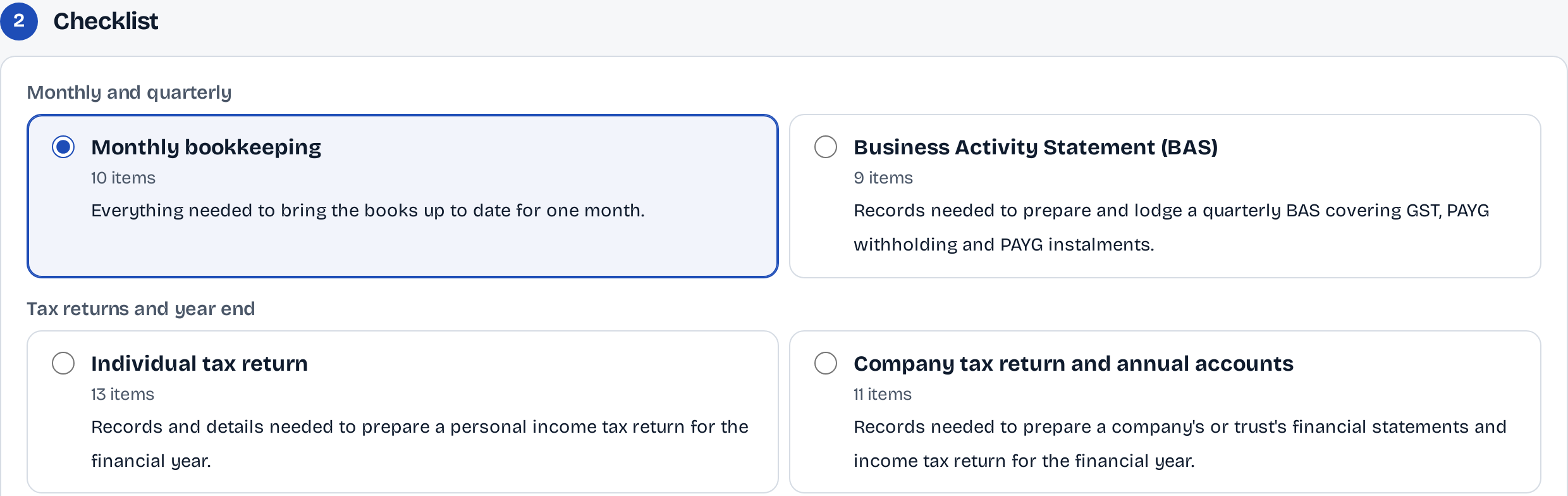 New request, step 2 Checklist: Monthly bookkeeping, 10 items, chosen; Business Activity Statement (BAS), 9 items; Individual tax return, 13 items; Company tax return and annual accounts, 11 items.