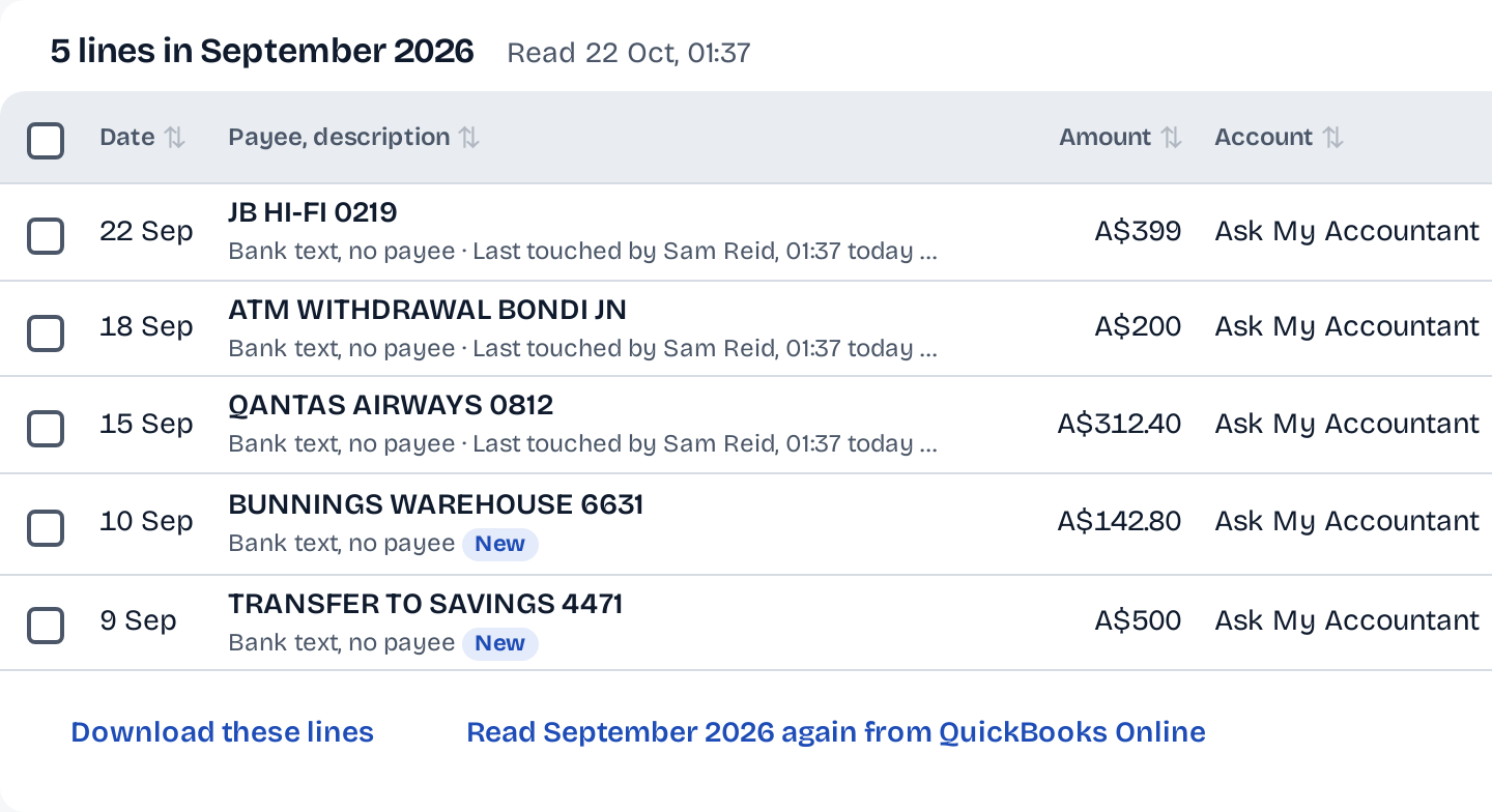 The 5 lines of September the check lists: JB HI-FI A$399, an ATM withdrawal A$200, Qantas A$312.40, Bunnings A$142.80 and a transfer to savings A$500, each still in Ask My Accountant, with Download these lines.