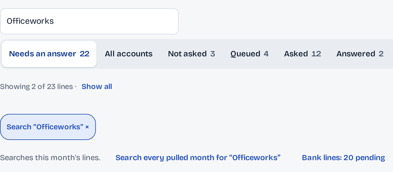 A search for Officeworks: showing 2 of 23 lines; searches this month's lines, with Search every pulled month for Officeworks.