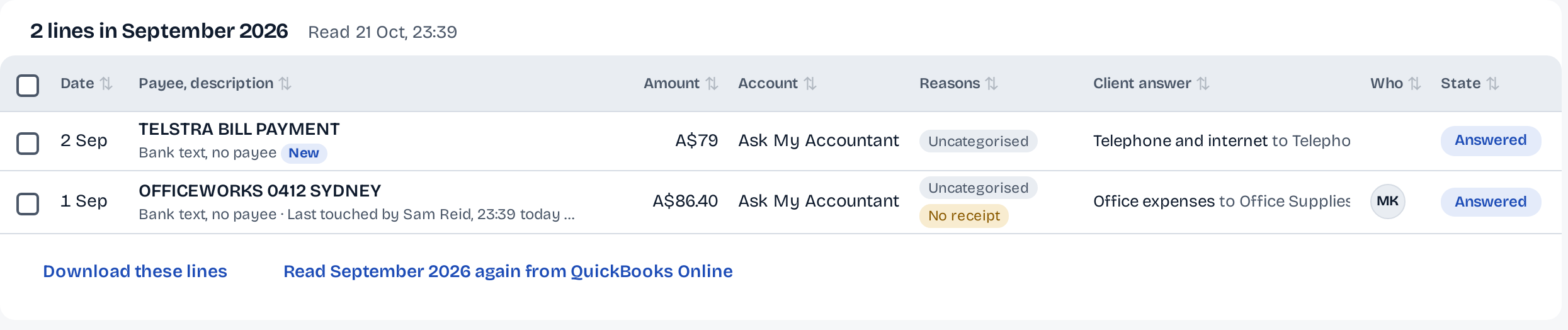 Two answered lines: TELSTRA BILL PAYMENT A$79, the client answered Telephone and internet (to Telephone & internet expenses); OFFICEWORKS 0412 SYDNEY A$86.40, the client answered Office expenses.